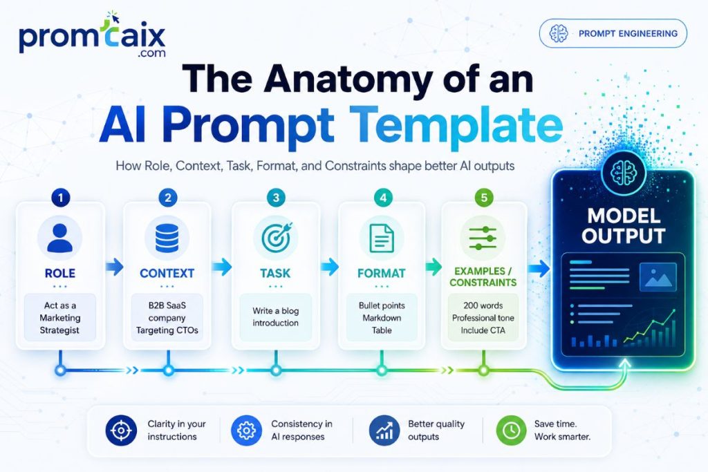 Five-component anatomy of an AI prompt template with arrowsÂ