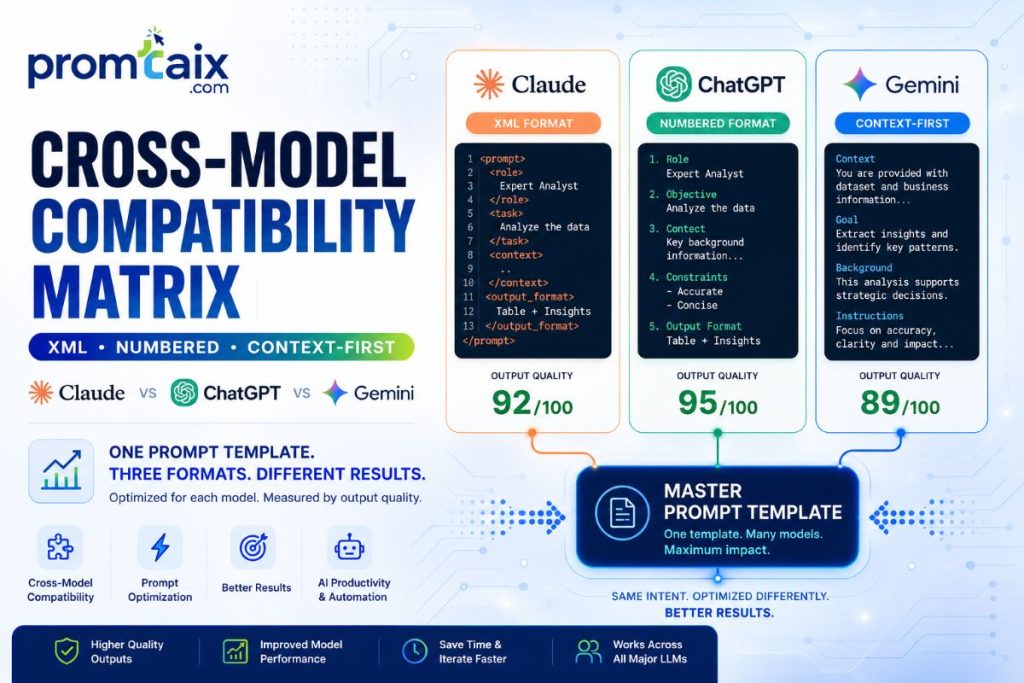 Cross-model compatibility matrix: same prompt template shown