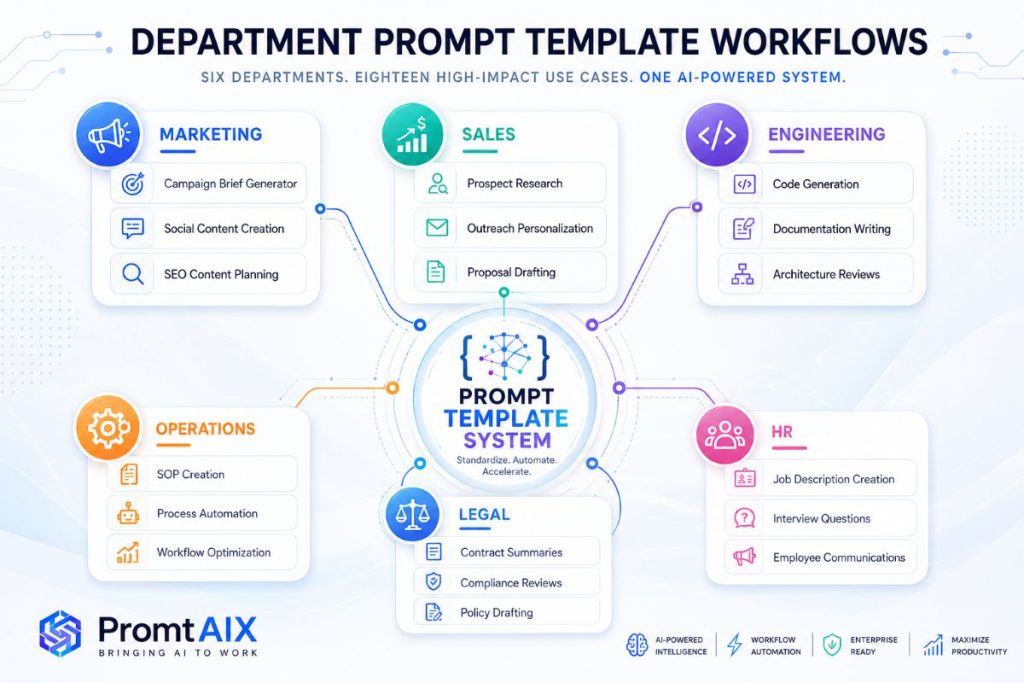 Department use case workflow visual: six department icons
